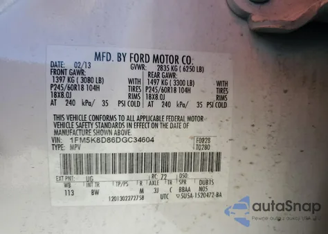 2013 Ford Explorer Xlt z USA, uszkodzony, nr VIN 1FM5K8D86DGC34604